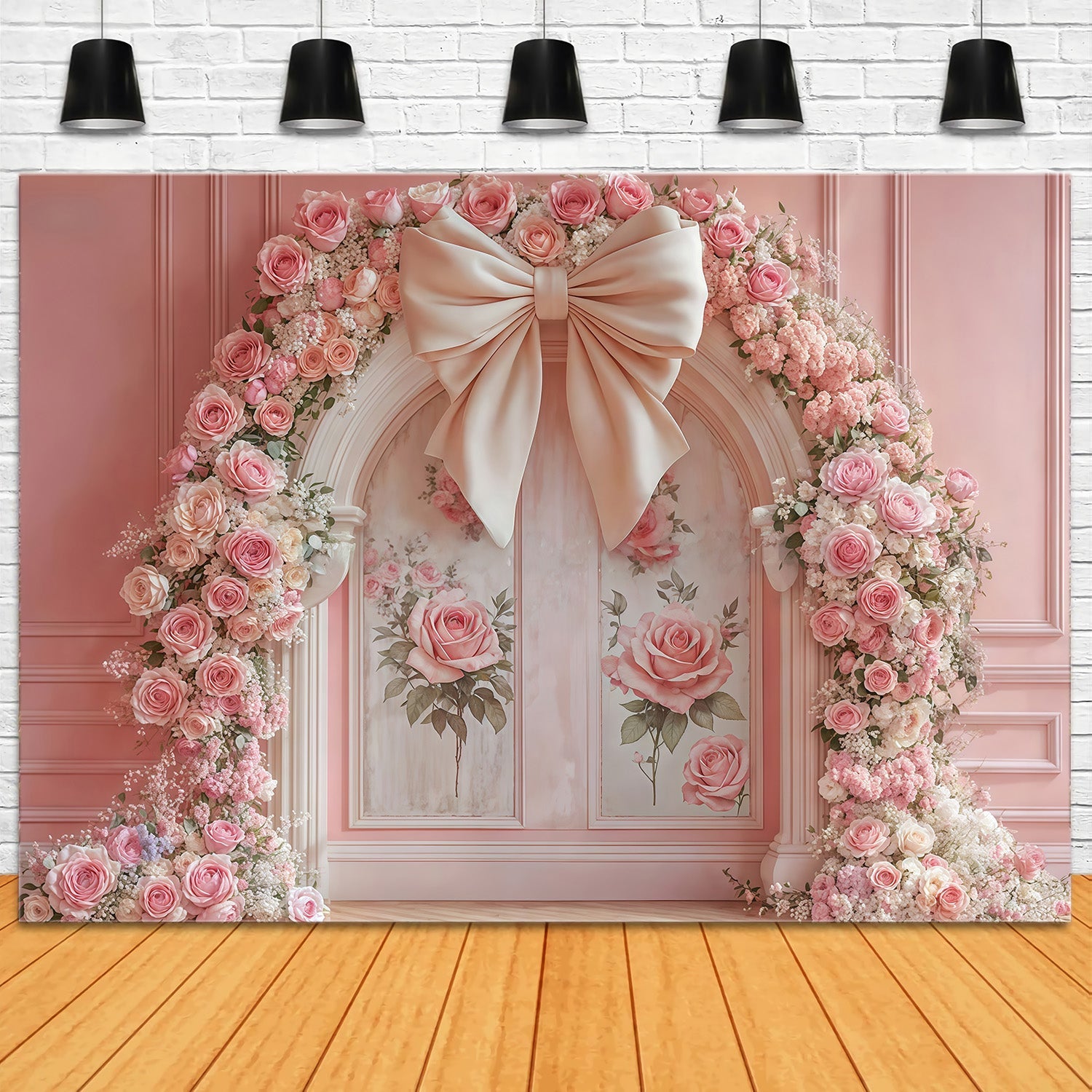 Flower Wall Backdrop Pink Roses Floral Bow Arch Vintage Wall Backdrop UK MRR9-84