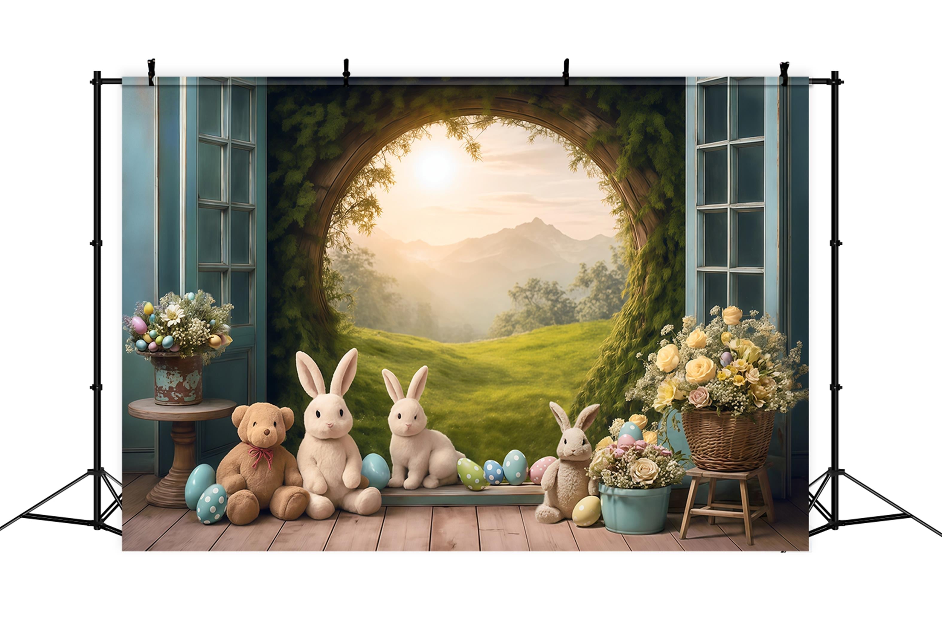Easter Bunny Backdrop Sunset Meadow Rabbits Eggs Flowers Easter Backdrop UK MRR9-85