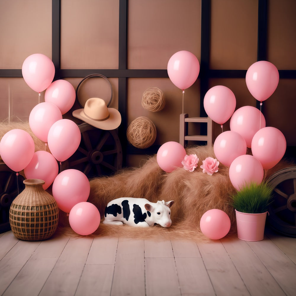 Cowgirl Backdrop Ideas Rustic Barn Pink Balloons Children Backdrops UK MRR9-87