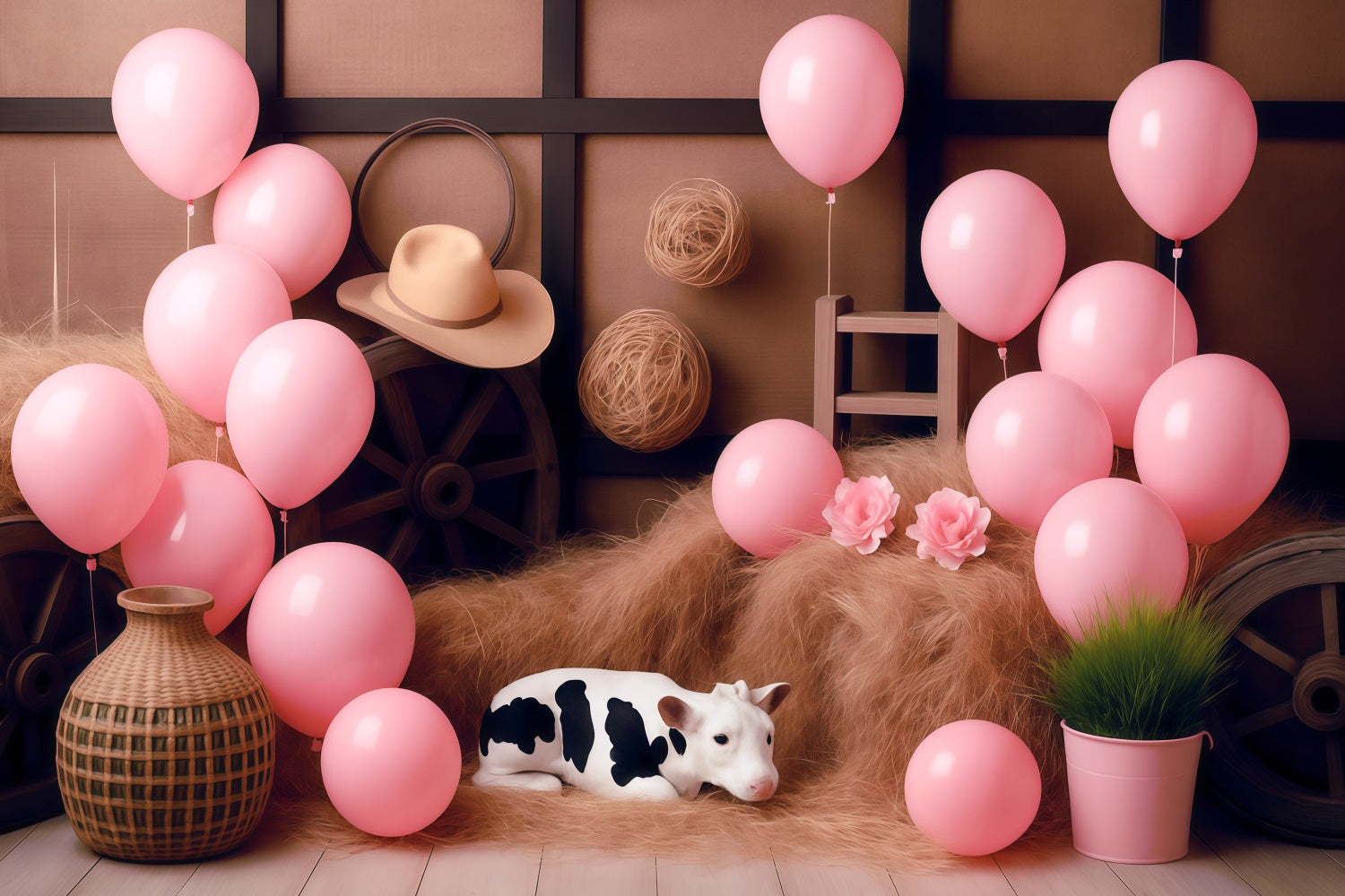 Cowgirl Backdrop Ideas Rustic Barn Pink Balloons Children Backdrops UK MRR9-87