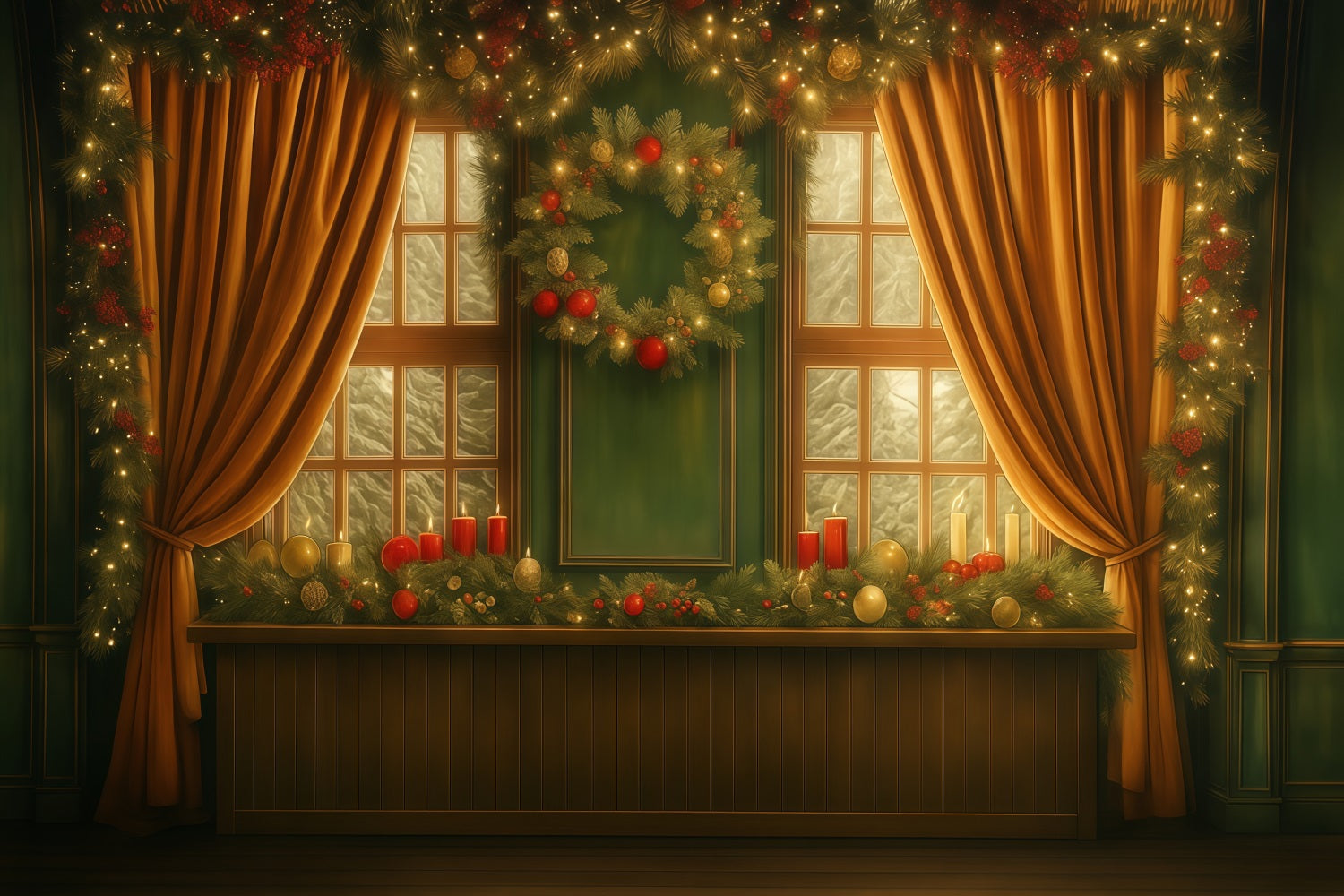 Christmas Backdrop Golden Curtain Window Christmas Photo Backdrops UK MRR9-93