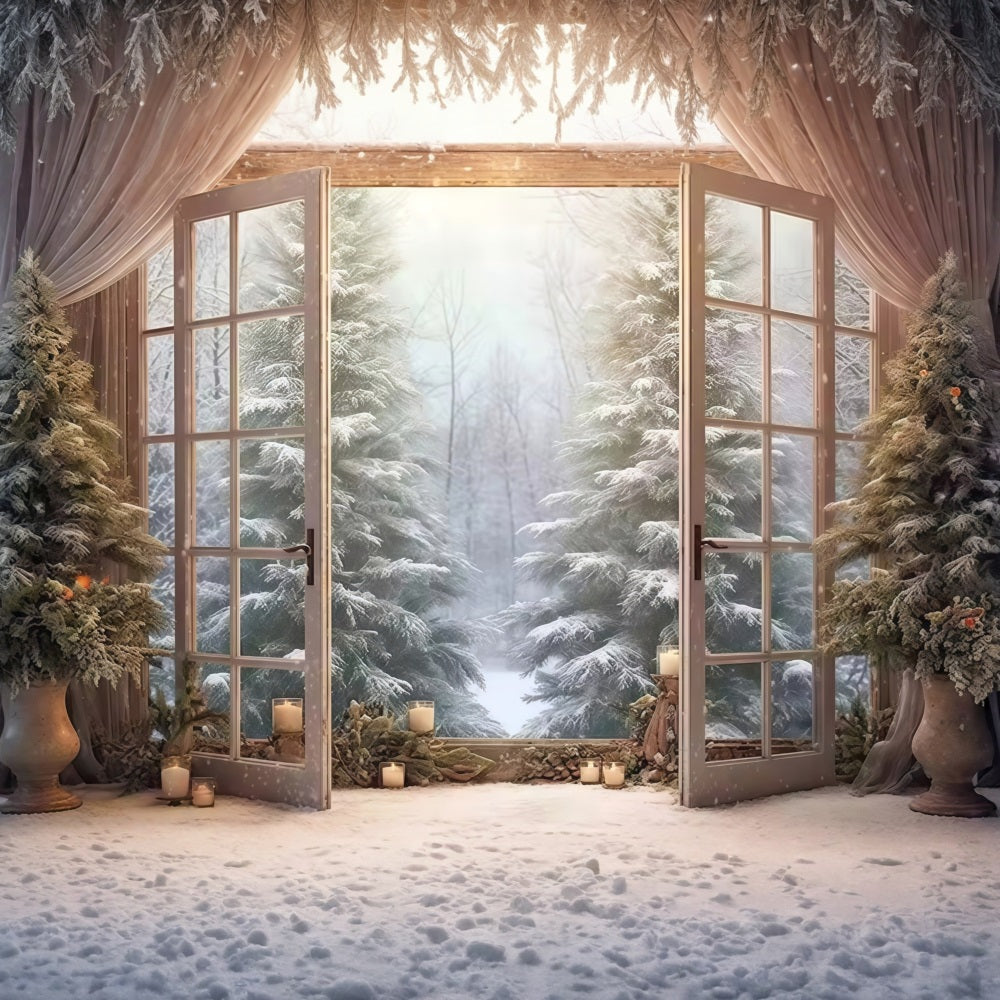 Winter Forest Backdrop Open Doors Snowy Pines Winter Backdrop UK MRR9-97