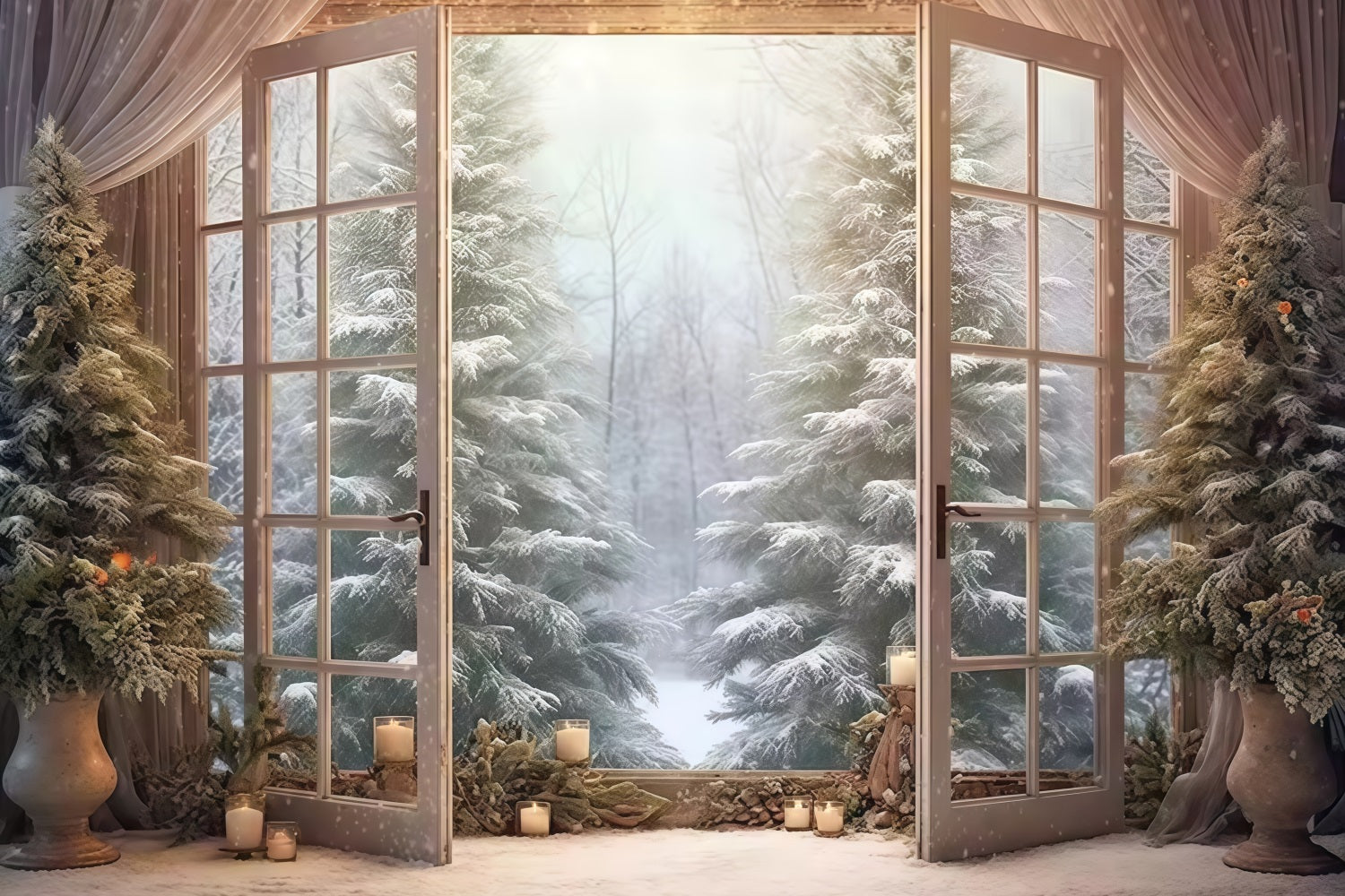 Winter Forest Backdrop Open Doors Snowy Pines Winter Backdrop UK MRR9-97