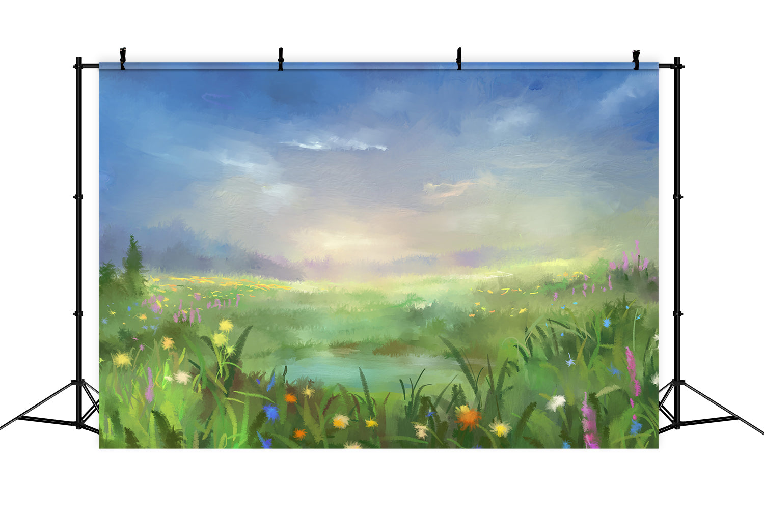 Oil Painting Style Colorful Flowers Blue Sky Backdrop RR3-04