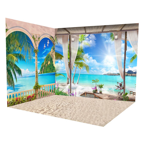 Blue Ocean Seaside Window Scenery Backdrop Room Set