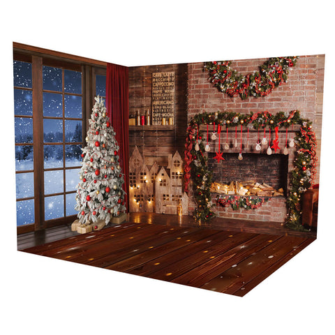 Christmas Tree Fireplace Night Window Backdrop Room Set