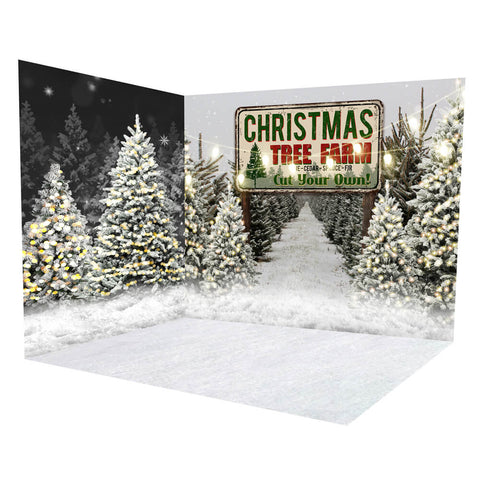 Christmas Tree Farm Snowy Winter Forest Backdrop Room Set