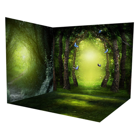 Mysterious Forest Butterflies Trees Backdrop Room Set