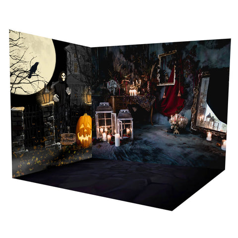 Spooky Halloween Ghost Candles Backdrop Room Set