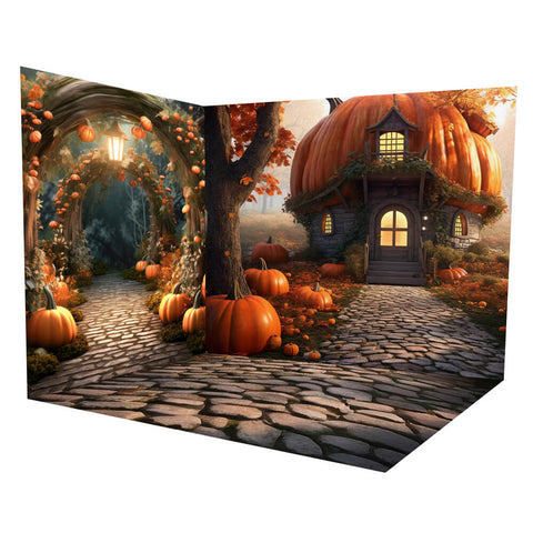 Autumn Forest Trail Pumpkin House Backdrop Room Set