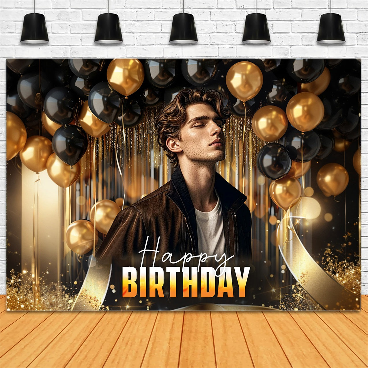 Customize Birthday Backdrop Black Gold Balloon Scene Backdrop UK RR1-100