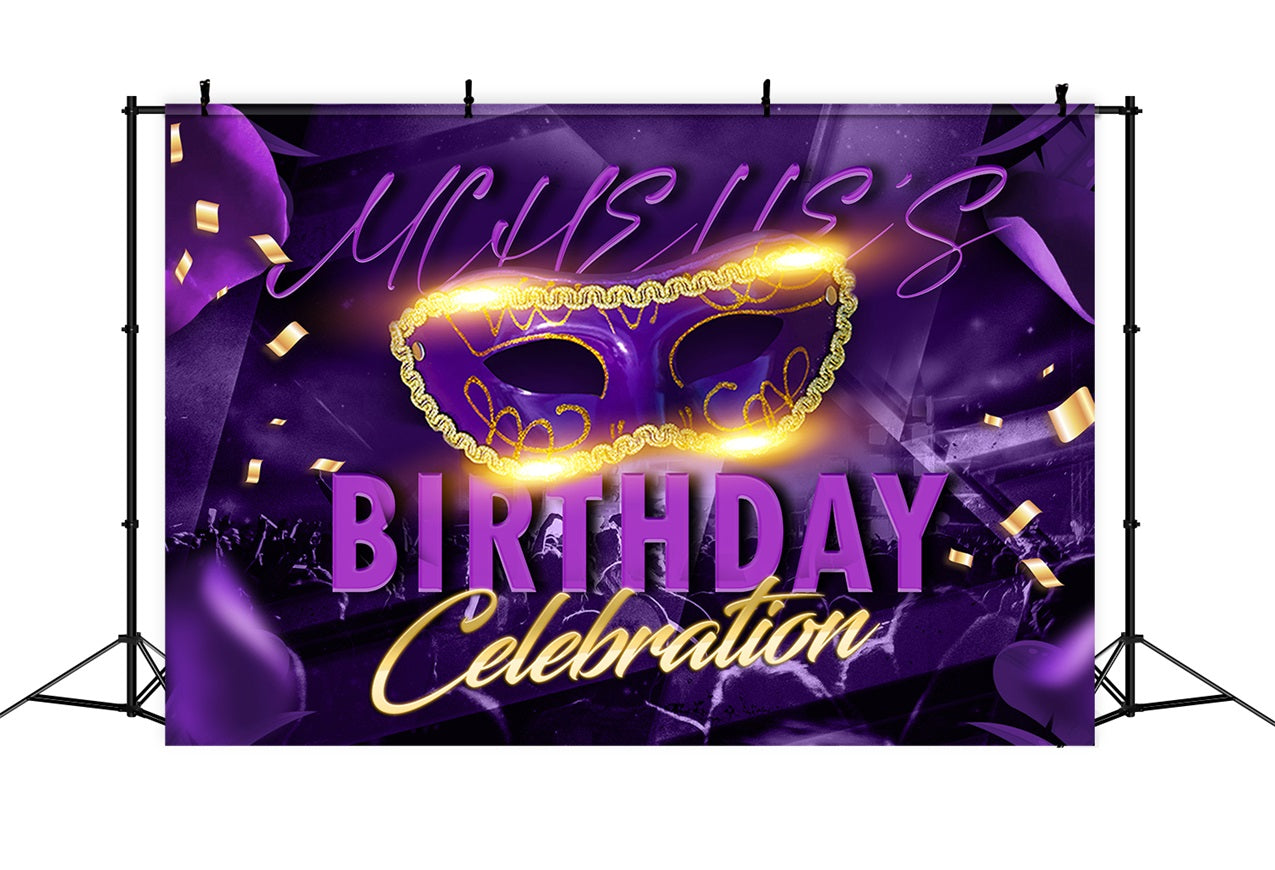 Customized Birthday Backdrops Masquerade Purple Glitter Celebration Backdrop UK RR1-104