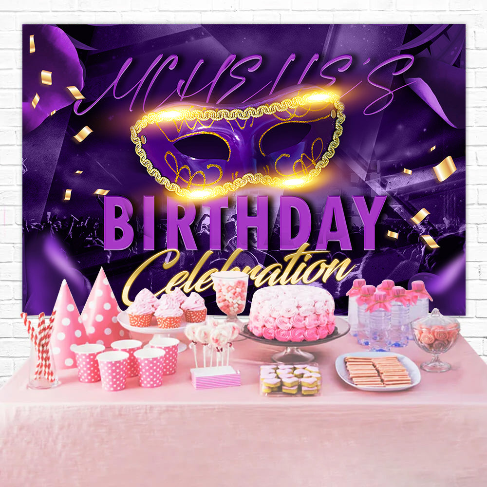 Customized Birthday Backdrops Masquerade Purple Glitter Celebration Backdrop UK RR1-104