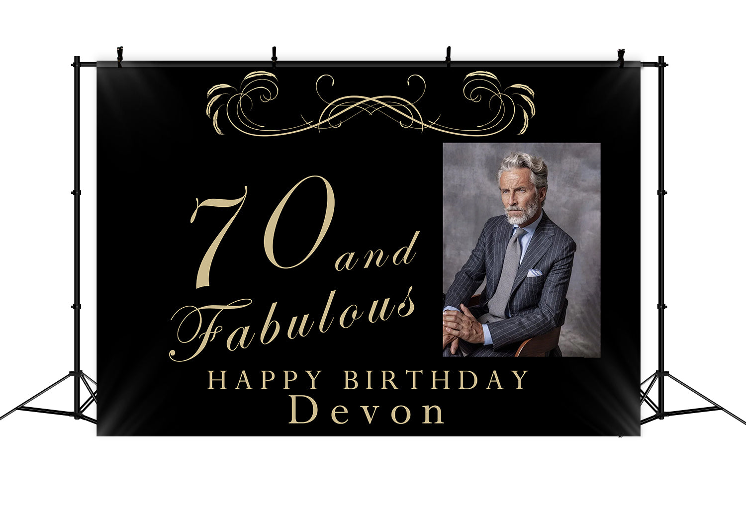 70th Birthday Backdrop Classic Black Gold Celebration Backdrop UK RR1-12