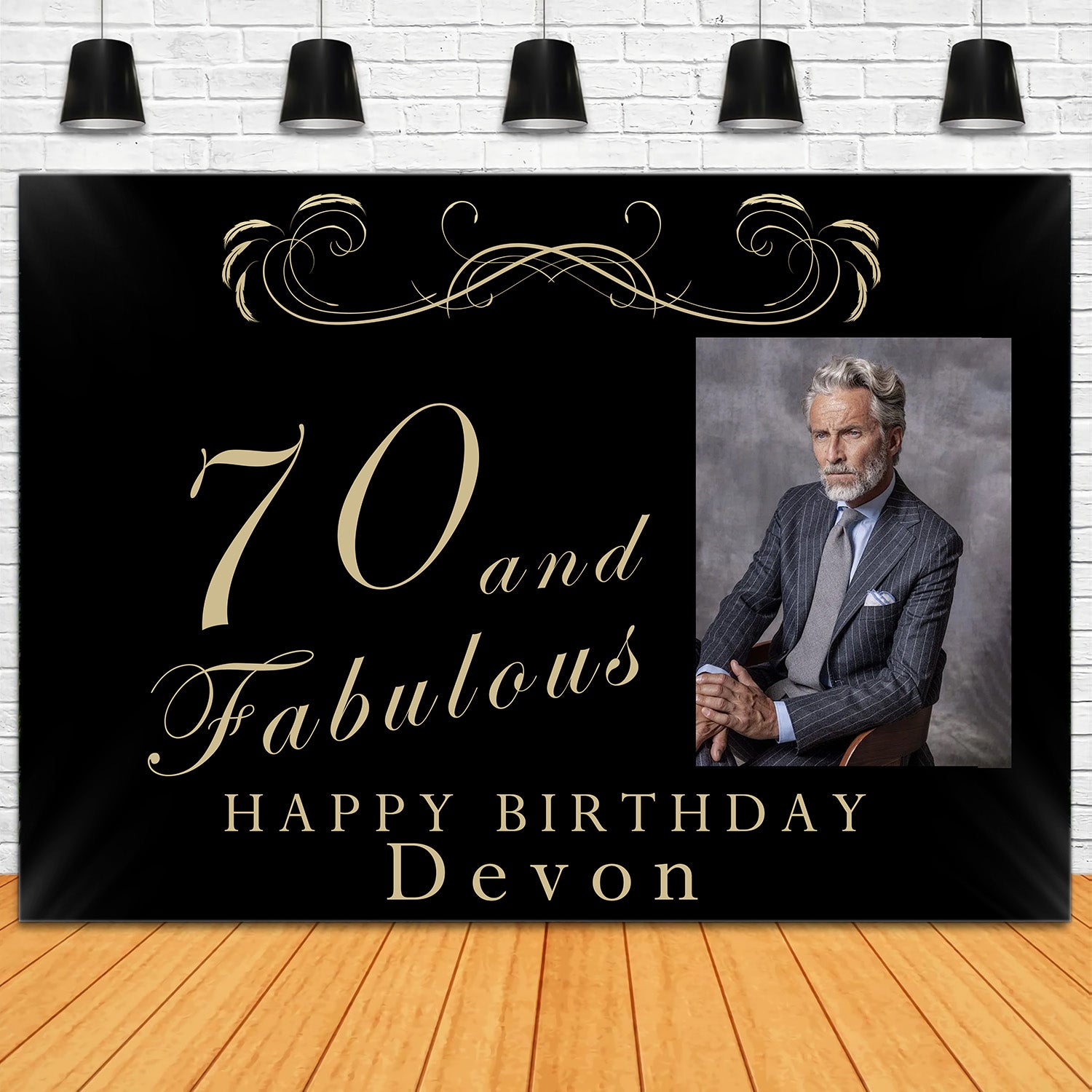 70th Birthday Backdrop Classic Black Gold Celebration Backdrop UK RR1-12