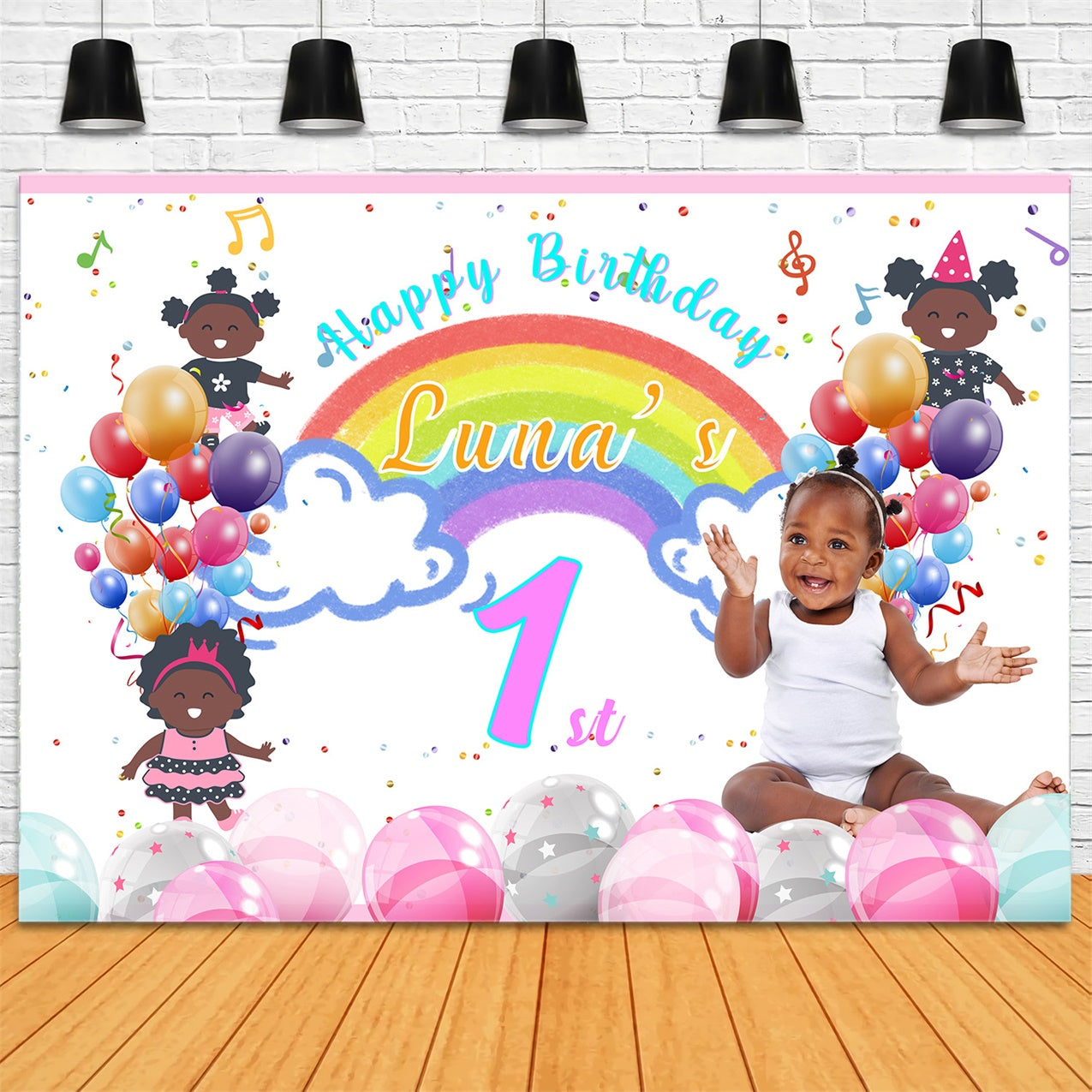 1st Birthday Backdrop Rainbow Balloons Celebration Backdrop UK RR1-15