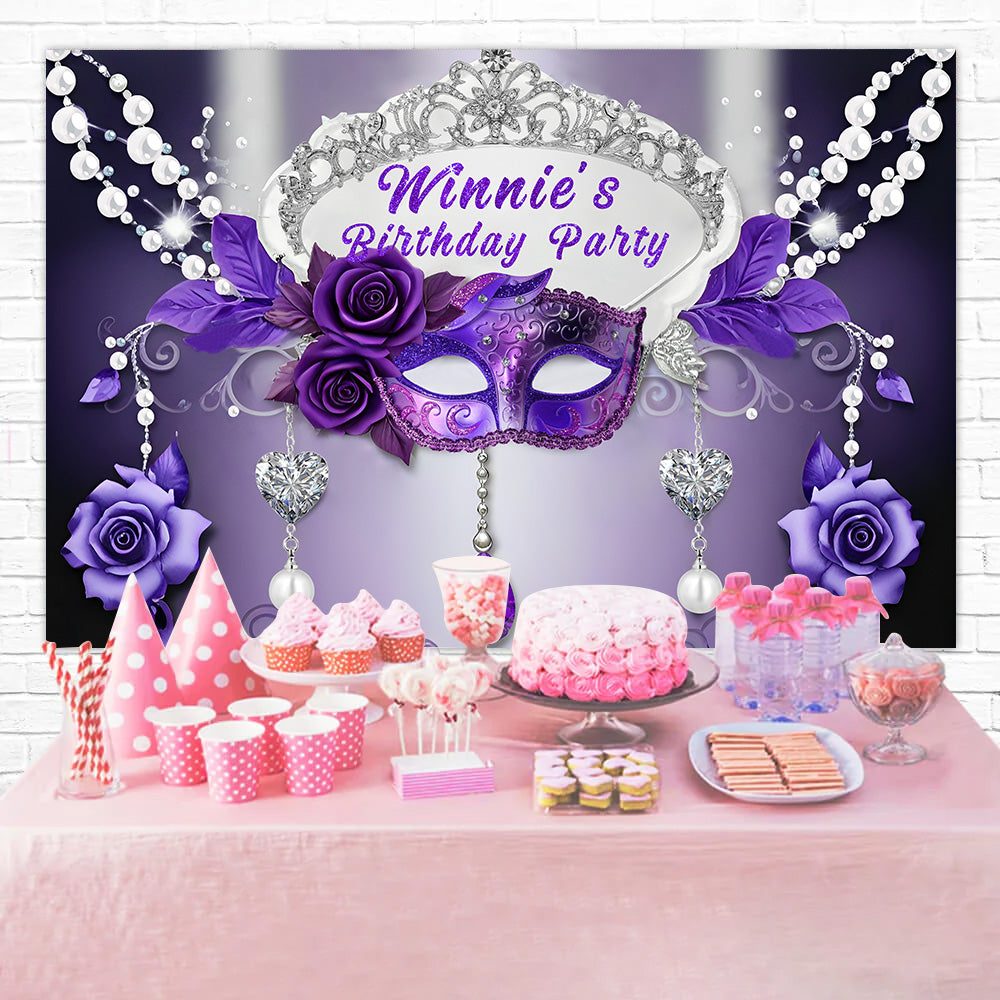 Custom Birthday Party Backdrop Purple Mask Rose Backdrop UK RR1-27