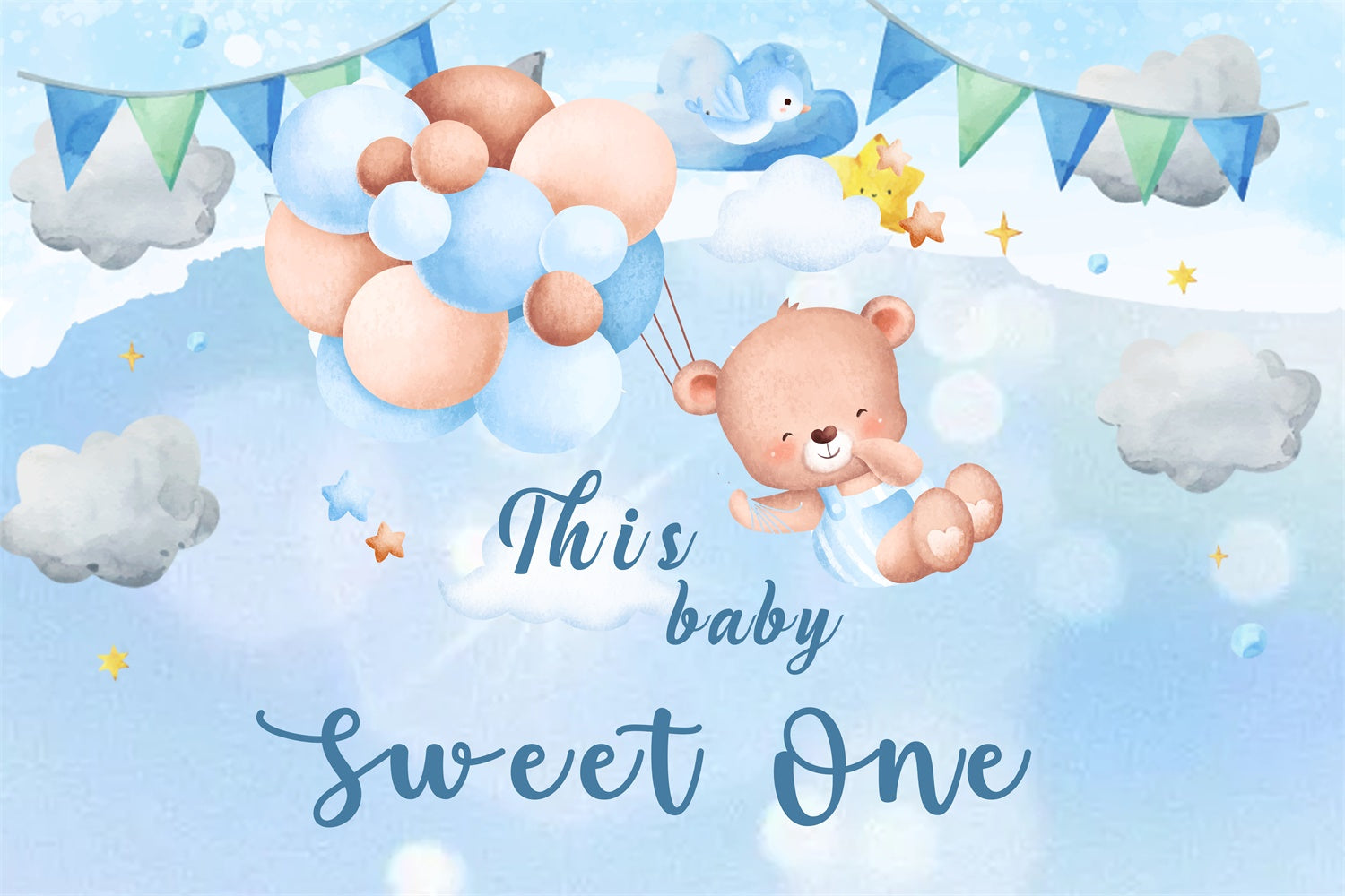 Personalized Birthday Photo Backdrop Teddy Sky Balloon Backdrop UK RR1-29