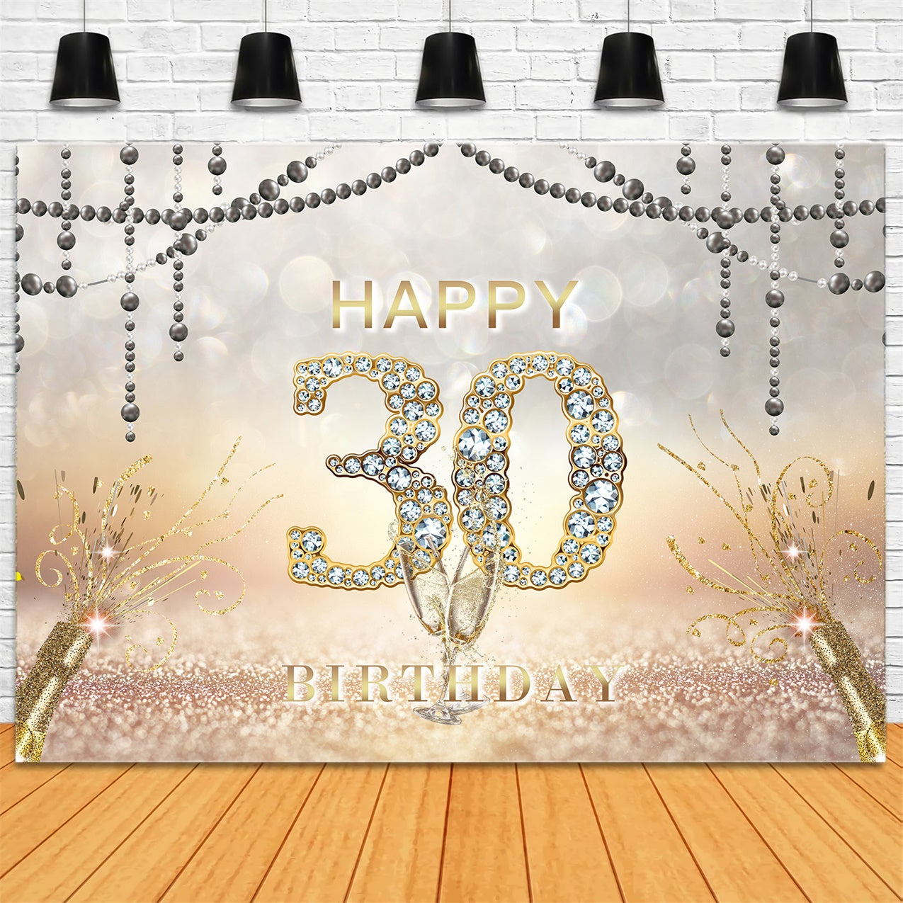 30th Birthday Backdrop Diamond Glitter Champagne Celebration Backdrop UK RR1-30