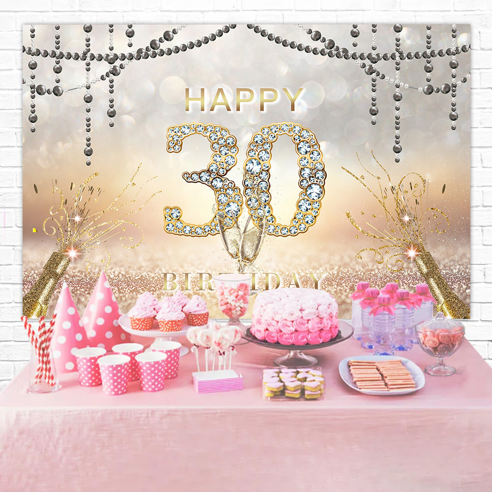 30th Birthday Backdrop Diamond Glitter Champagne Celebration Backdrop UK RR1-30