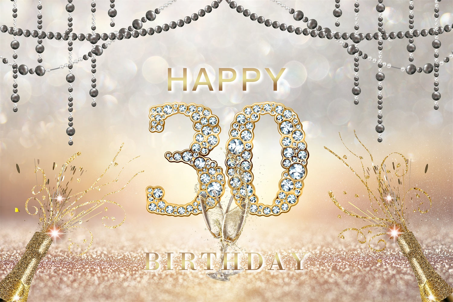 30th Birthday Backdrop Diamond Glitter Champagne Celebration Backdrop UK RR1-30