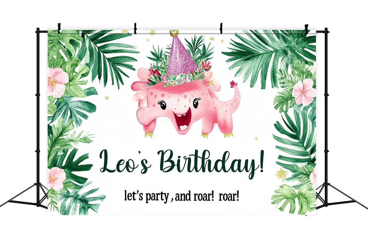 Custom Made Birthday Backdrops Tropical Leaves Dino Backdrop UK RR1-31