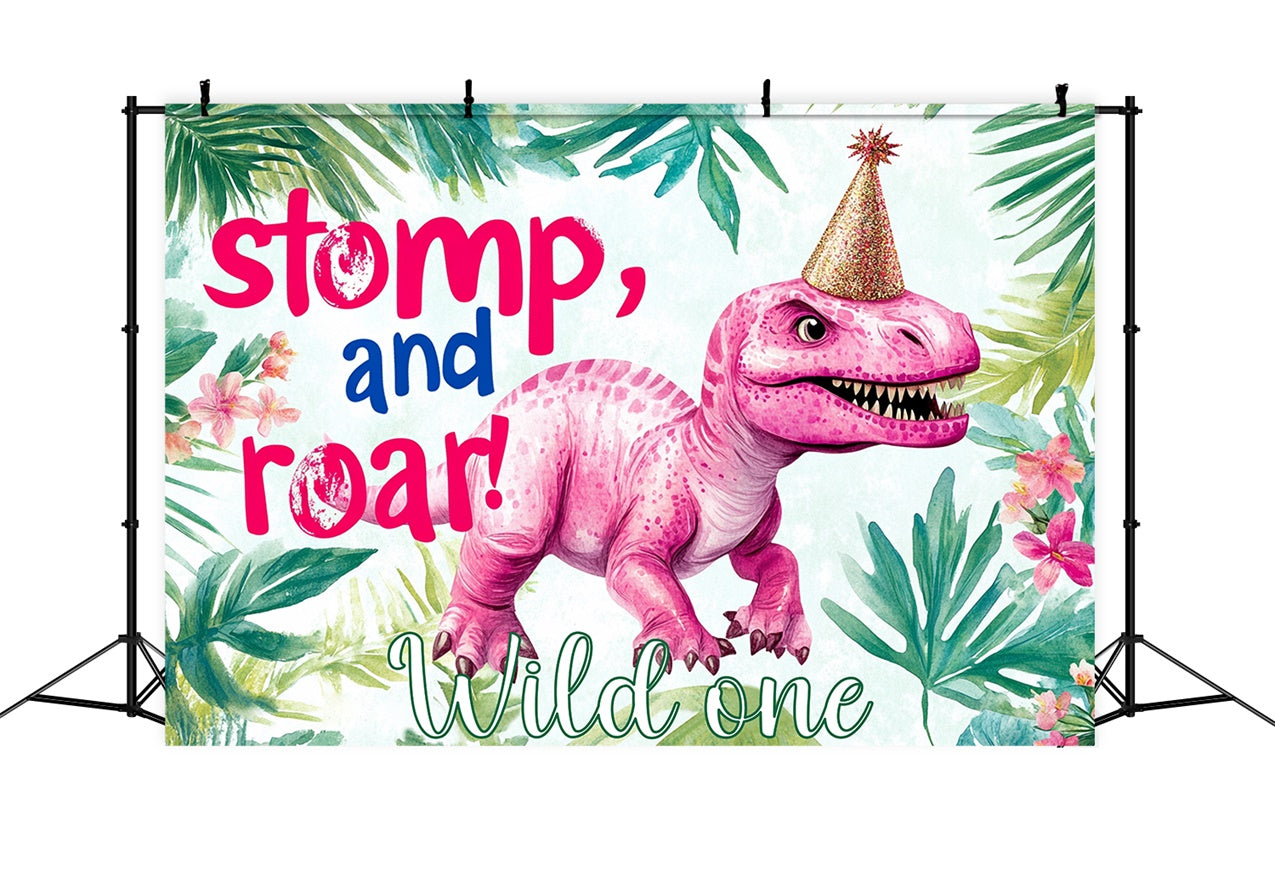 Birthday Backdrop Personalized Green Leaves Pink Dino Backdrop UK RR1-33