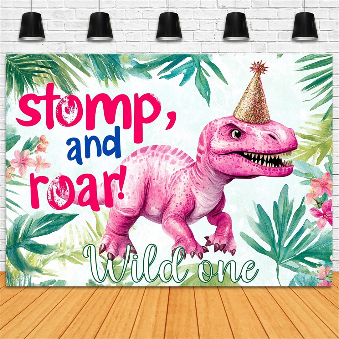 Birthday Backdrop Personalized Green Leaves Pink Dino Backdrop UK RR1-33