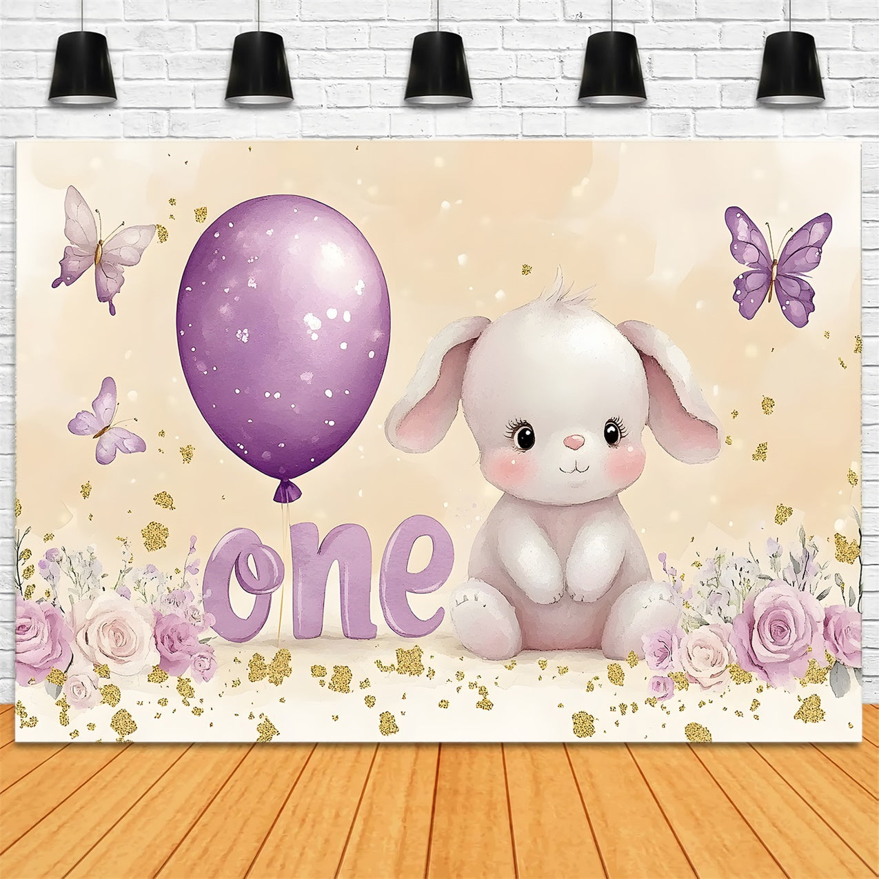 Personalized Backdrop For Birthday Purple Balloon Bunny Backdrop UK RR1-40