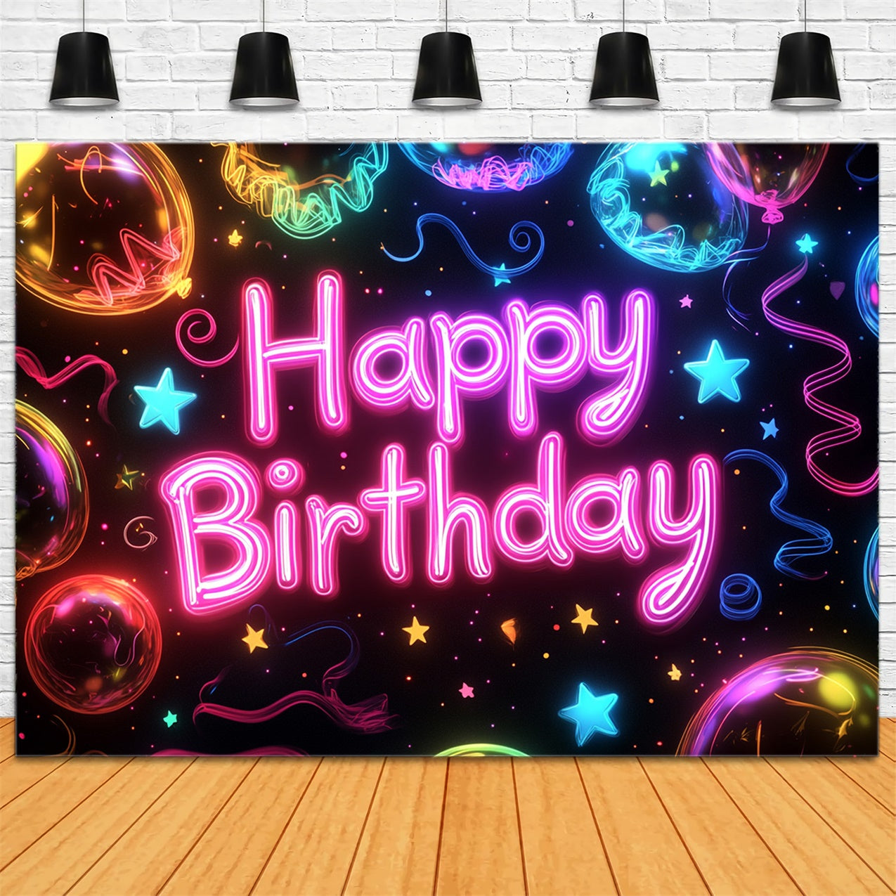 Custom Made Birthday Backdrops Neon Balloon Stars Backdrop UK RR1-46