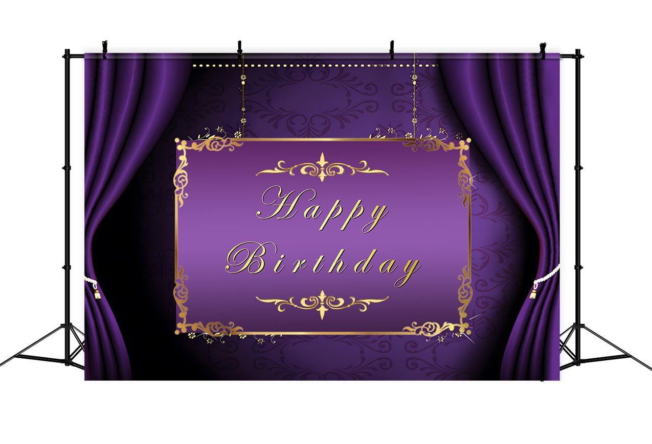 Customized Backdrop For Birthday Golden Frame Purple Backdrop UK RR1-48