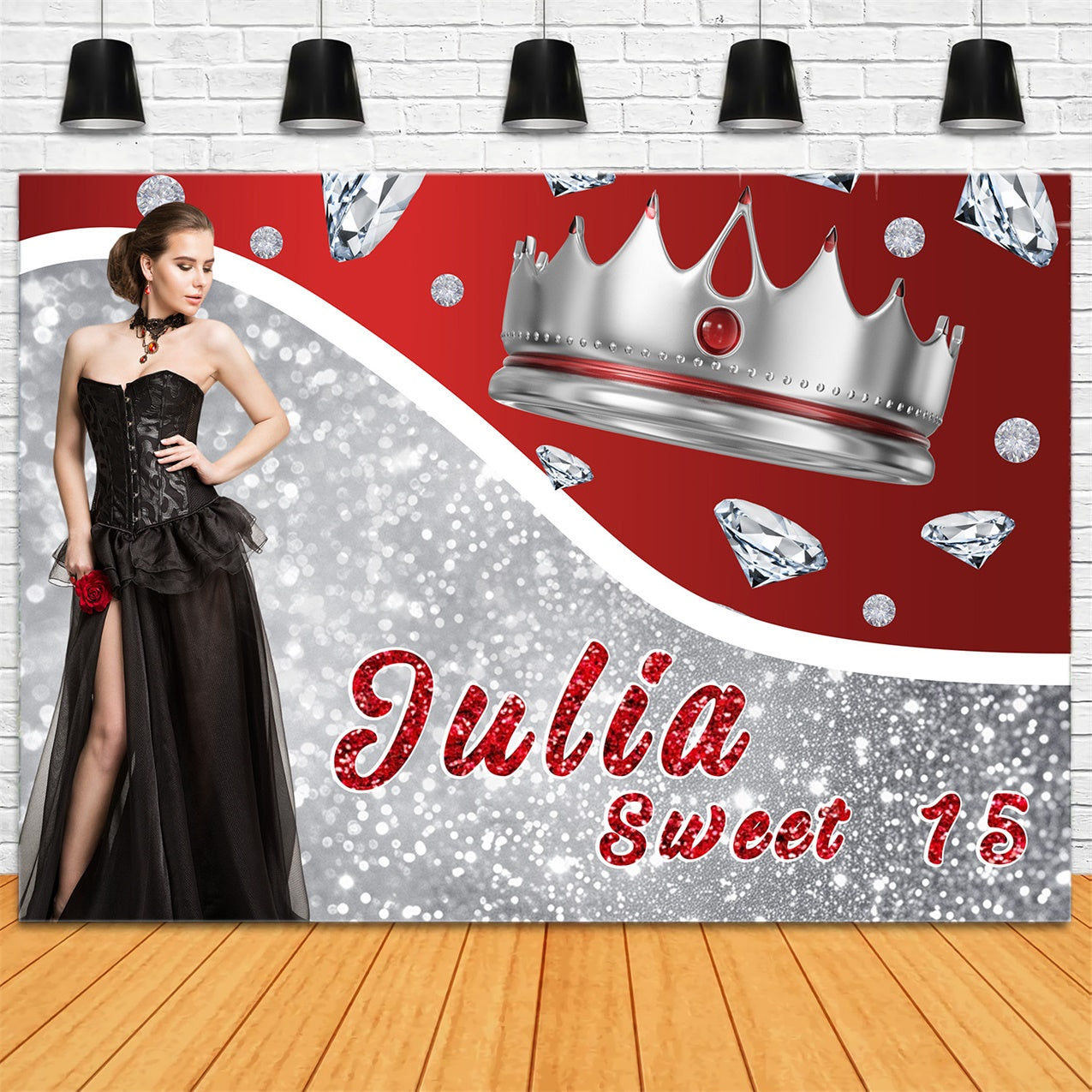 Birthday Backdrop Personalized Sweet 15 Silver Crown Backdrop UK RR1-60