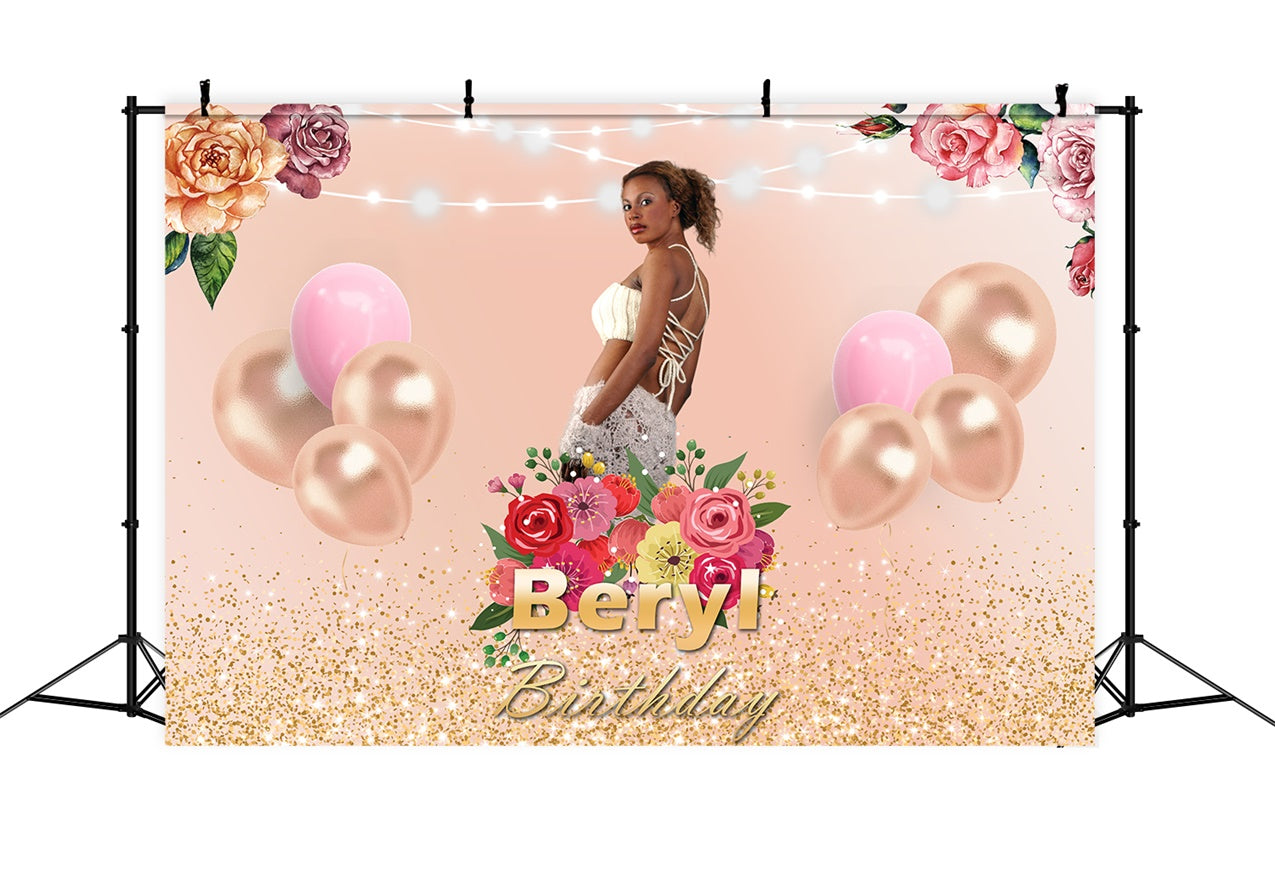 Custom Made Birthday Backdrops Gold Balloons Floral Backdrop UK RR1-68