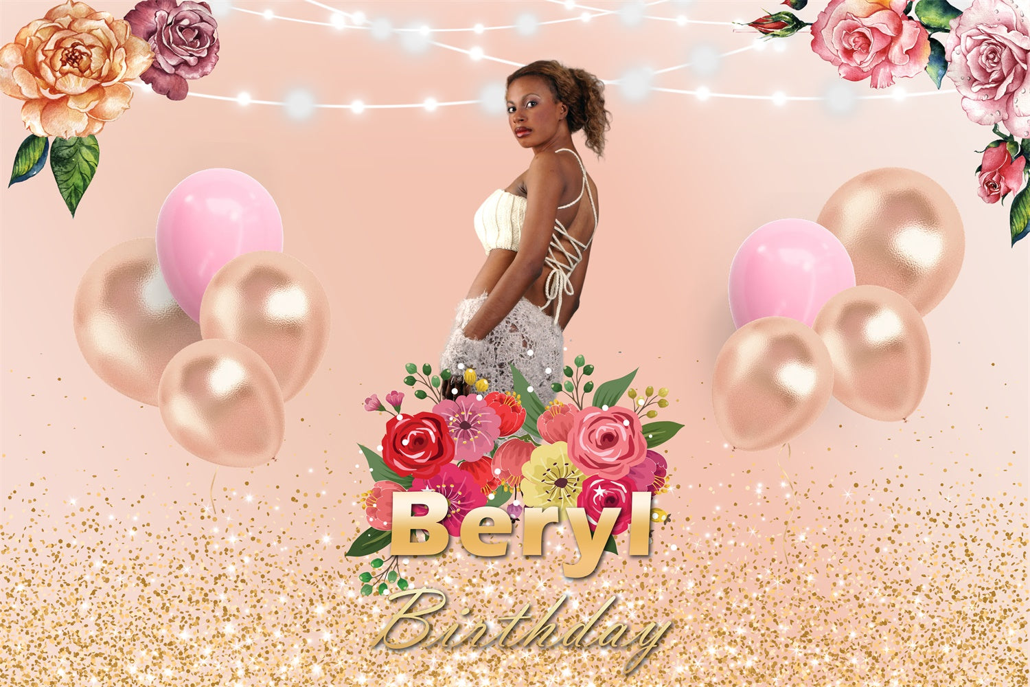 Custom Made Birthday Backdrops Gold Balloons Floral Backdrop UK RR1-68