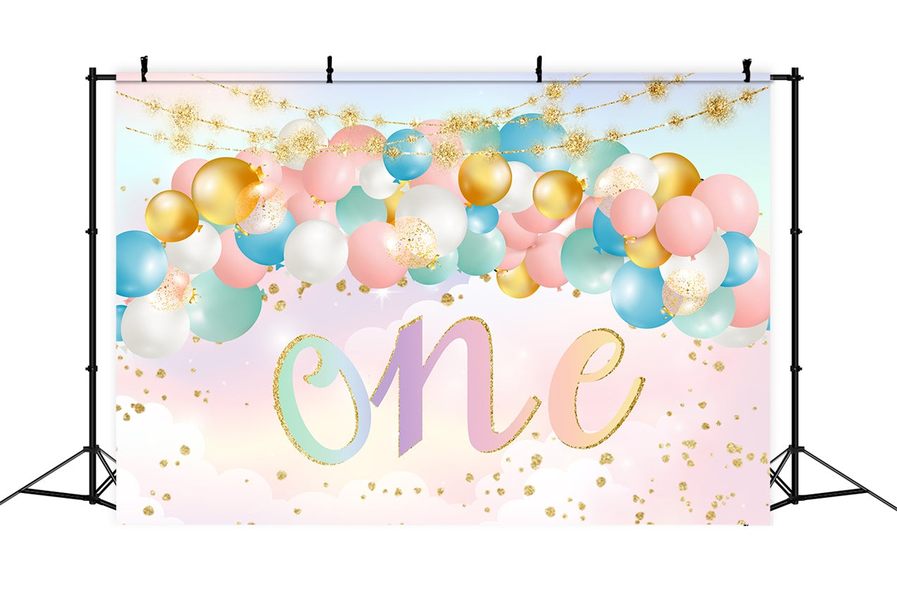 Custom 1st Birthday Backdrop Golden Confetti Pastel Balloon Backdrop UK RR1-70