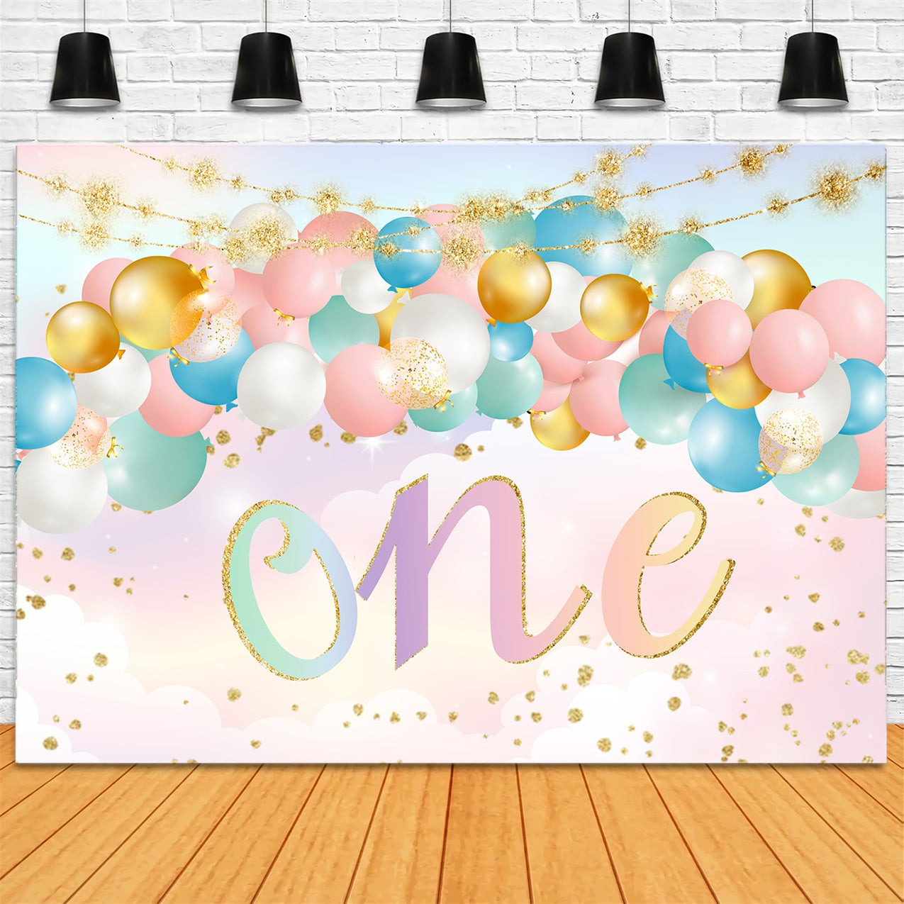 Custom 1st Birthday Backdrop Golden Confetti Pastel Balloon Backdrop UK RR1-70