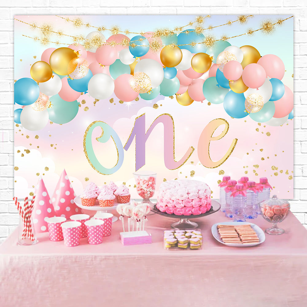 Custom 1st Birthday Backdrop Golden Confetti Pastel Balloon Backdrop UK RR1-70