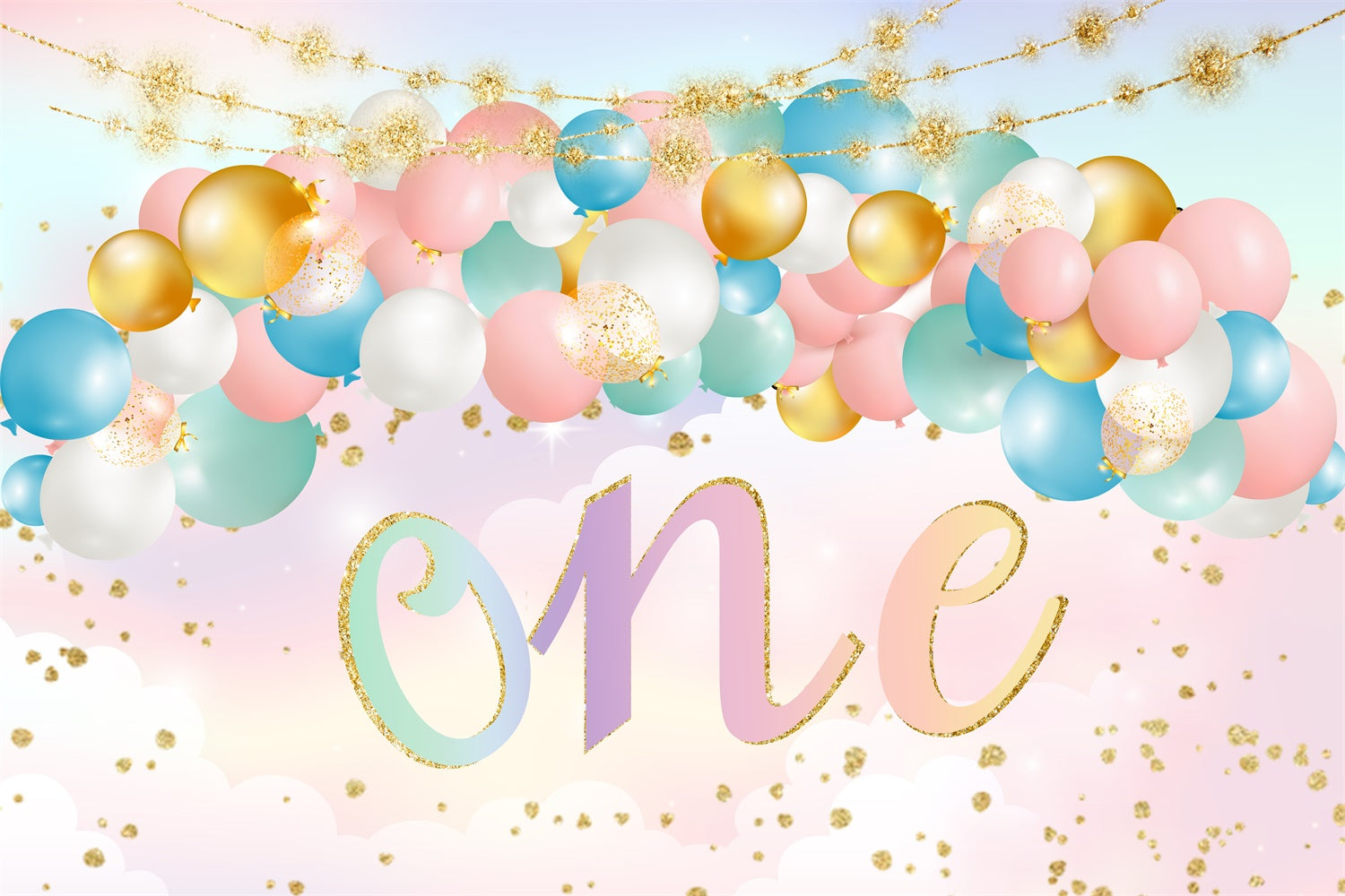 Custom 1st Birthday Backdrop Golden Confetti Pastel Balloon Backdrop UK RR1-70