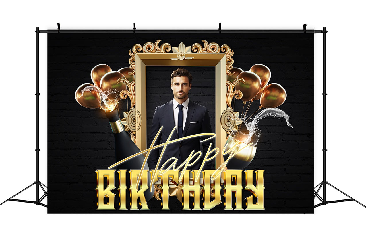 Personalized Birthday Photo Backdrop Golden Frame Champagne Backdrop UK RR1-71