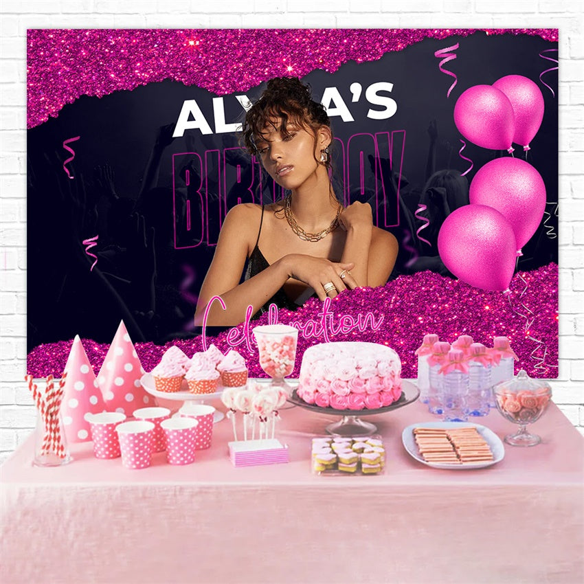 Personalized Birthday Backdrop Stylish Pink Glitter Glam Backdrop UK RR1-82