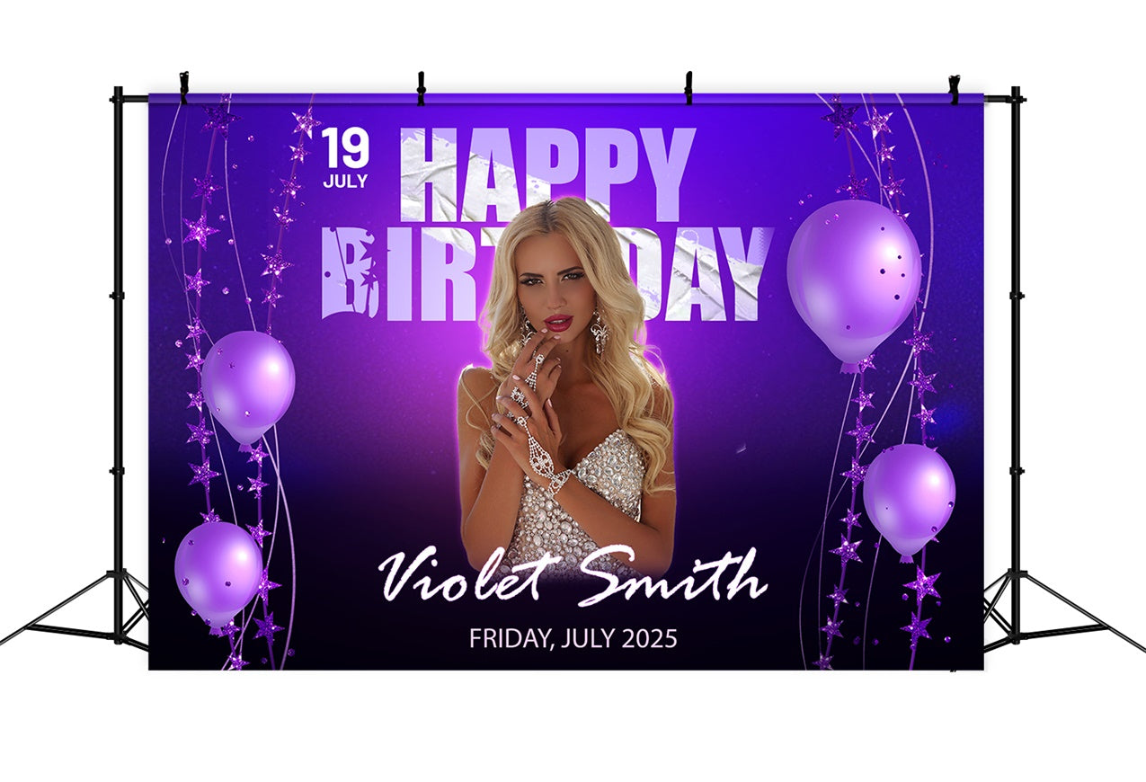 Personalized Backdrop For Birthday Sparkling Balloon Purple Backdrop UK RR1-84