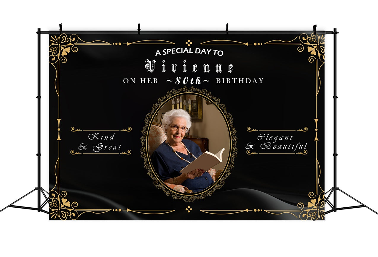 80th Birthday Photo Backdrop Classic Black Gold Backdrop UK RR12-101