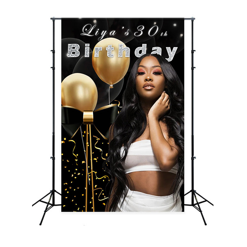 Personalized Backdrop Birthday Black Gold Sparkle Balloon Backdrop UK RR12-102