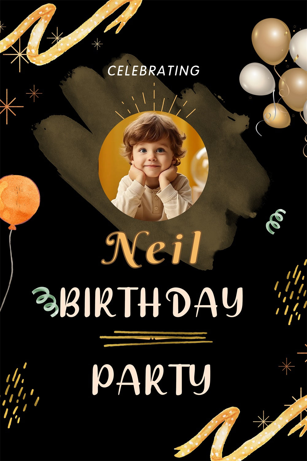 Birthday Backdrop Personalized Adorable Gold Black Kids Backdrop UK RR12-103