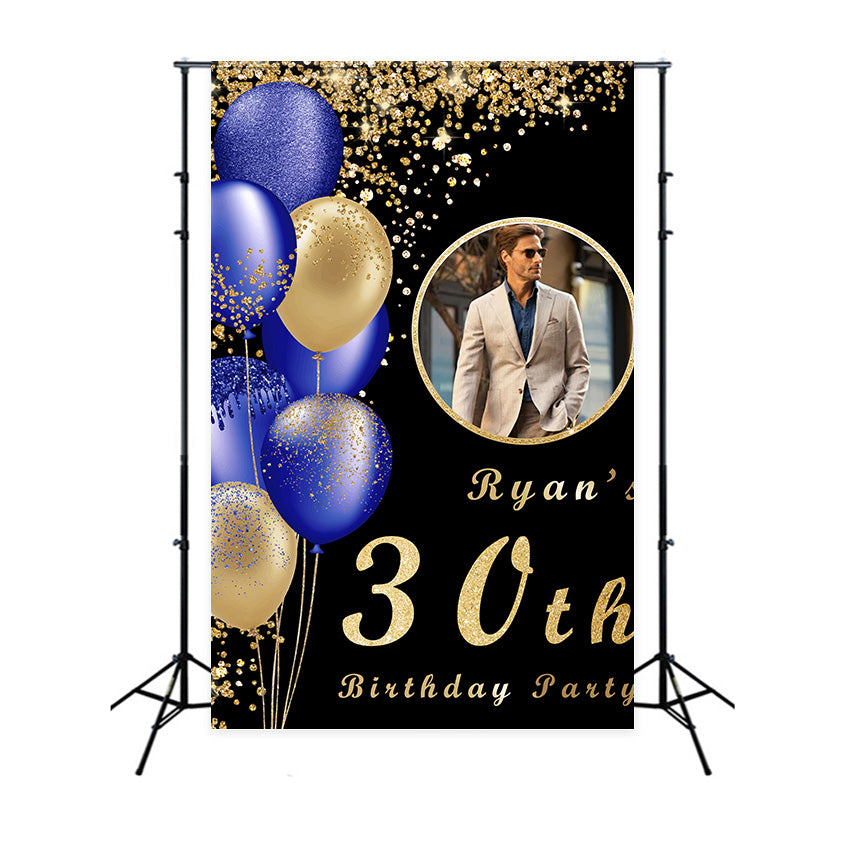 Personalized Birthday Backdrop Golden Sparkle Blue Balloon Backdrop UK RR12-104