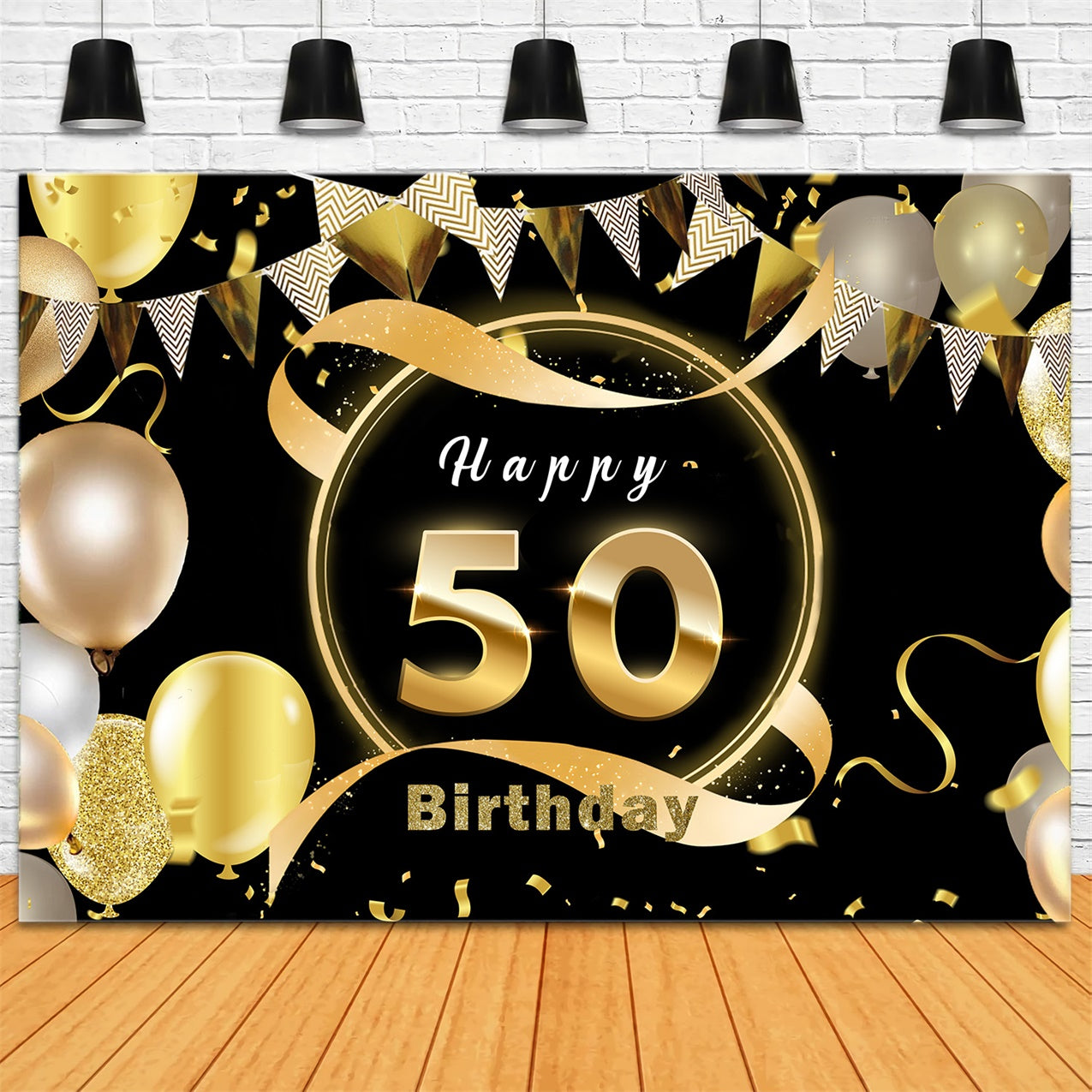 50th Birthday Backdrop Gold Confetti Balloons Custom Backdrop UK RR12-13