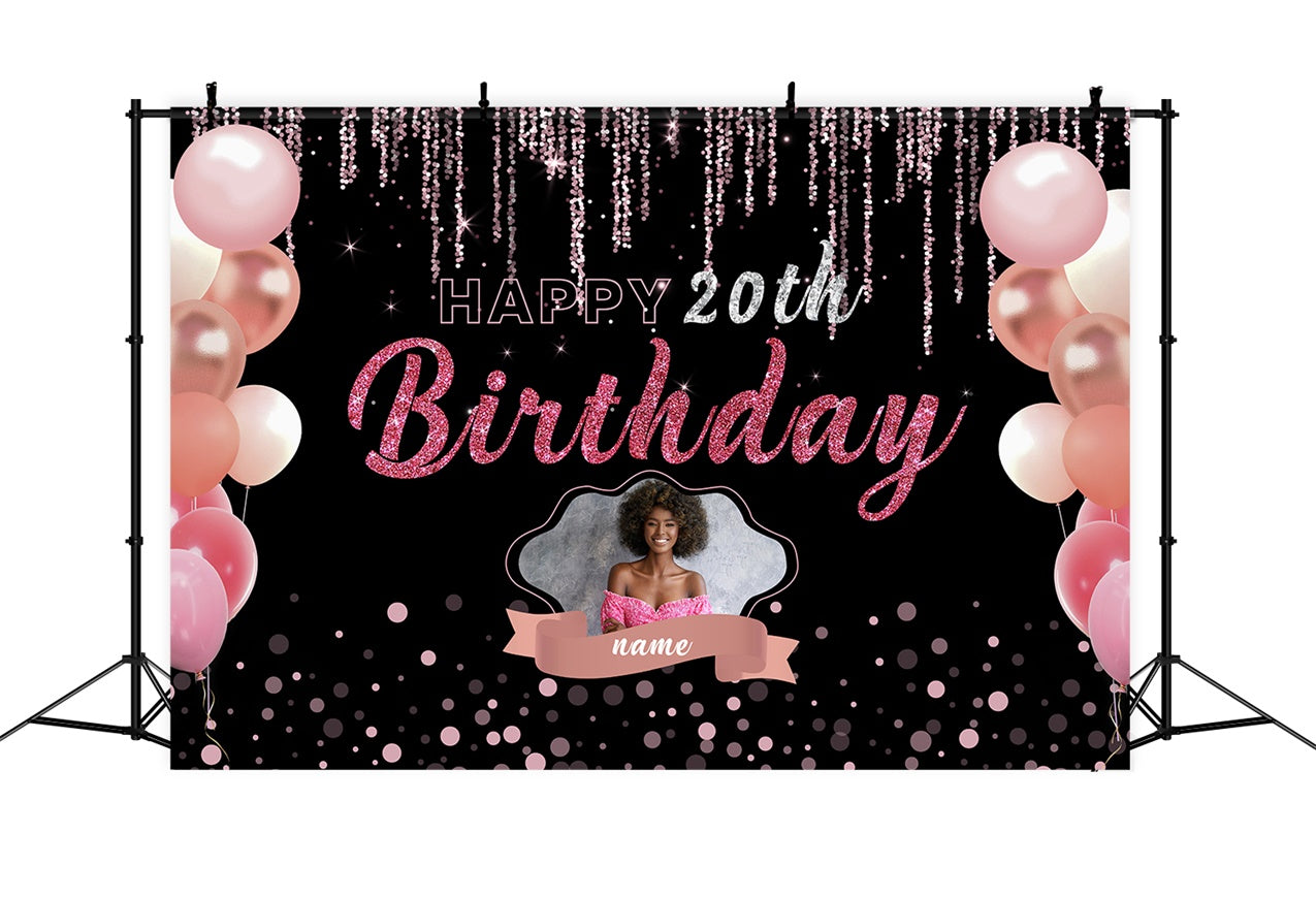 Custom Birthday Backdrops Black Pink Sparkle Balloons 20th Backdrop UK RR12-17