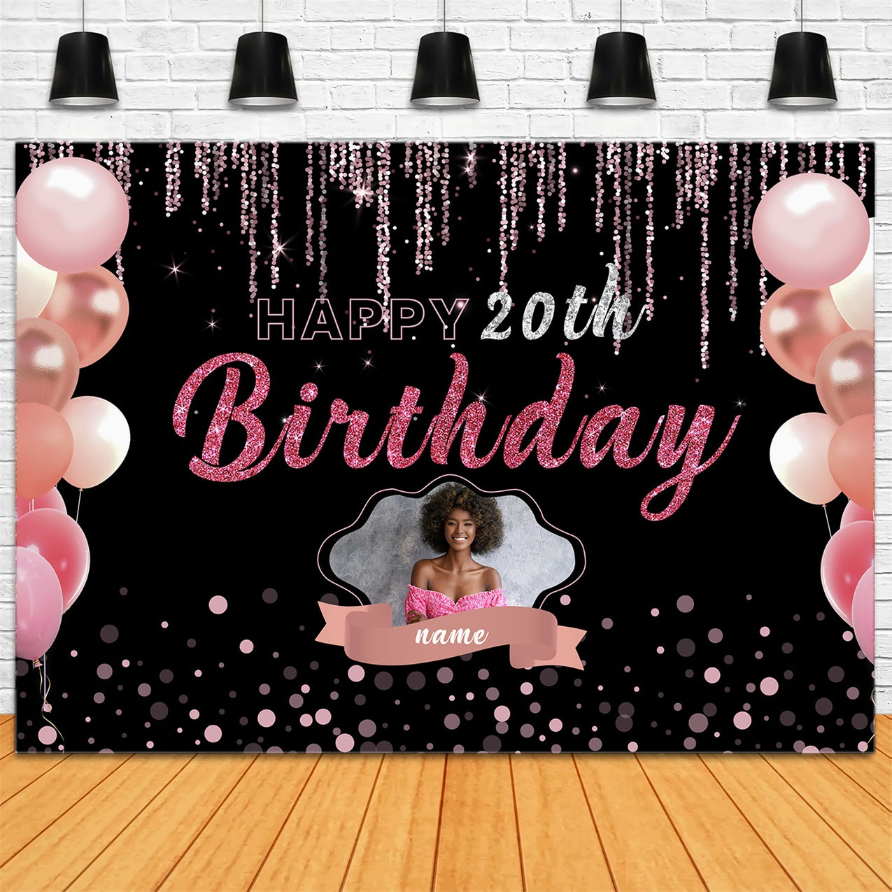 Custom Birthday Backdrops Black Pink Sparkle Balloons 20th Backdrop UK RR12-17