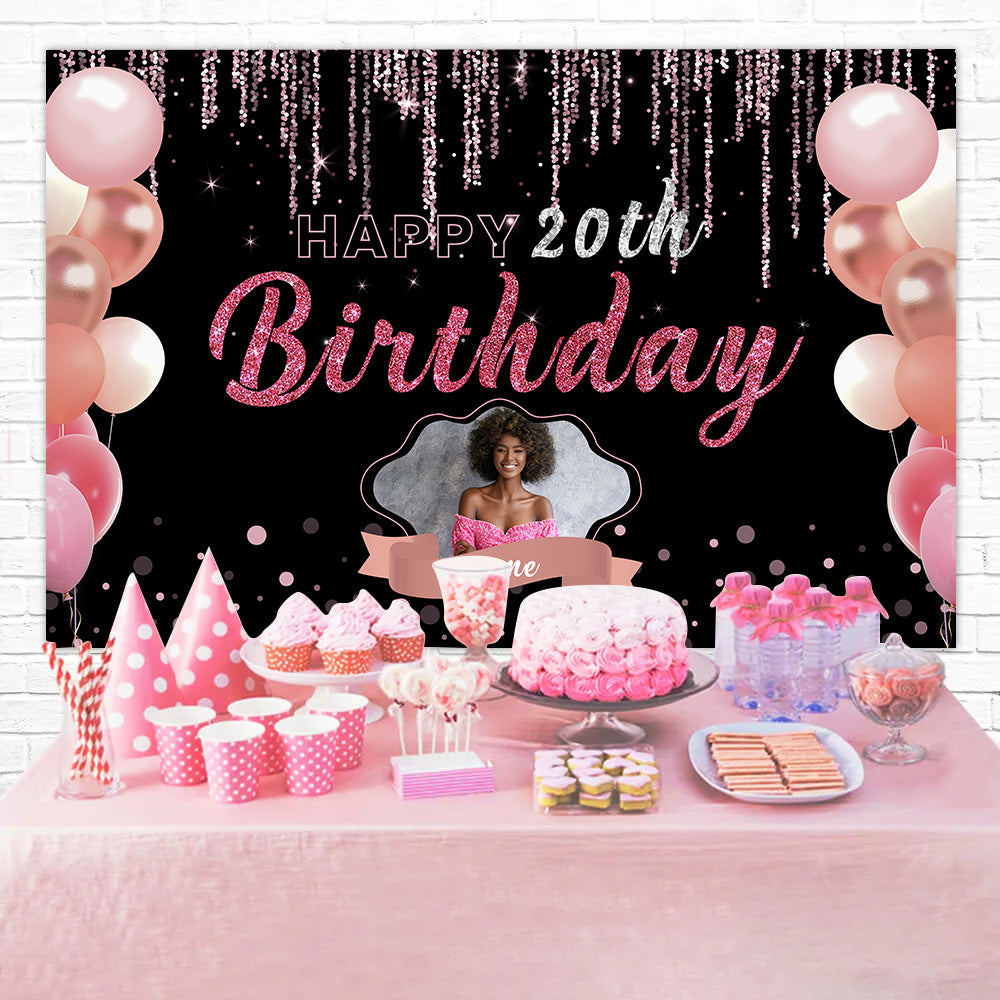 Custom Birthday Backdrops Black Pink Sparkle Balloons 20th Backdrop UK RR12-17