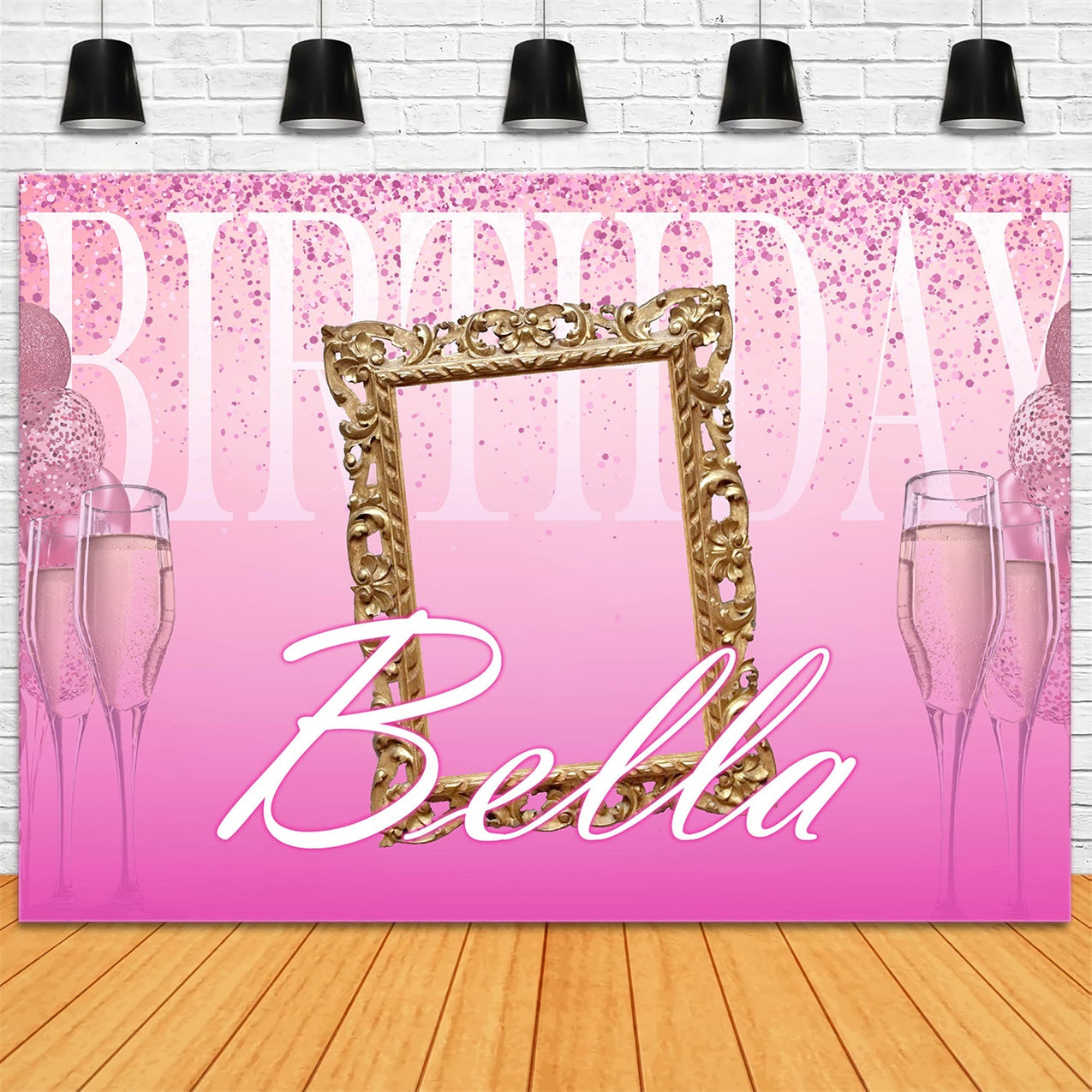 Custom Backdrop For Birthday Gold Frame Pink Sparkle Backdrop UK RR12-24